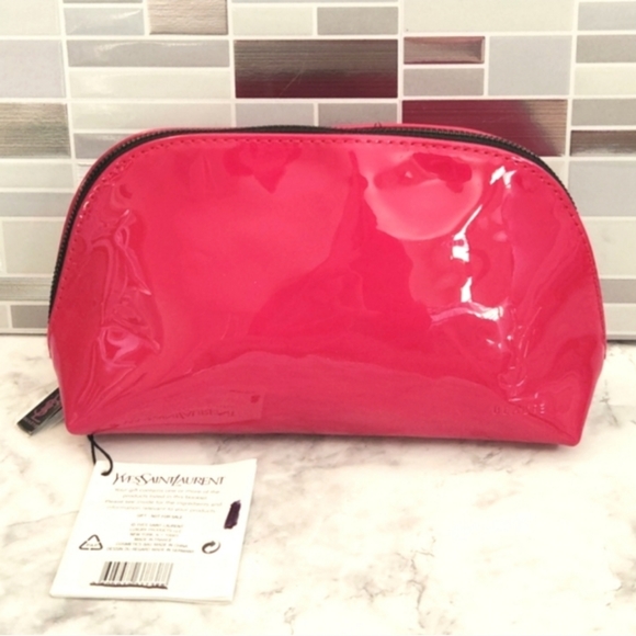 YVES SAINT LAURENT HOT PINK & BLACK PATENT LEATHER COSMETIC DOME POUCH NWT - Picture 10 of 12